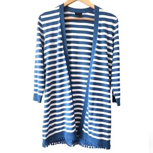 Talbots Blue White Striped Pompom Fringe 3/4 Sleeve Open Cardigan Sweater Sz S